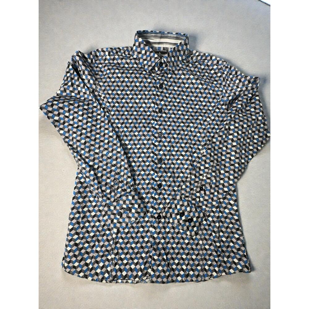 Barabas Mens Small 3D Cube Geometric Button Up Shirt Blue Black Optical Print